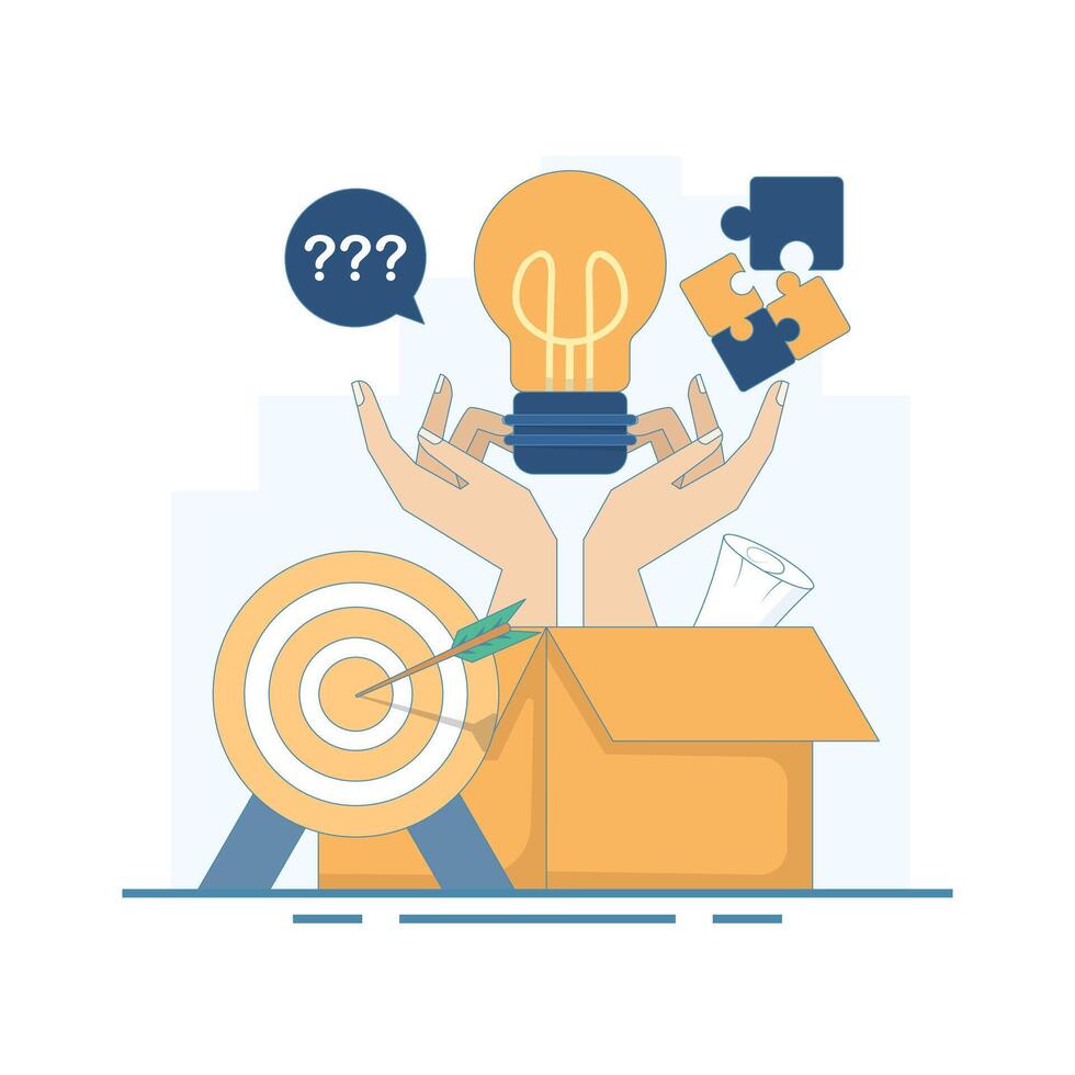 Out of the Box Thinking Concept. Out of the box creative ideas. Brainstorming and collective work. Creative personality and solution finding. Selection of the best option and analysis. vector