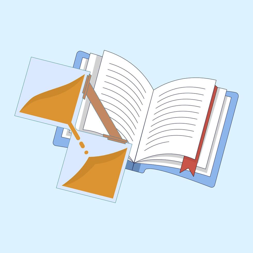 Time management concept. Hourglass with open book. Reading time and patience. Perfect for education, literacy campaigns, time management and book related content. Flat design illustration. vector
