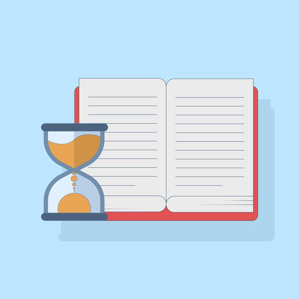 Time management concept. Hourglass with open book. Reading time and patience. Perfect for education, literacy campaigns, time management and book related content. Design illustration. vector