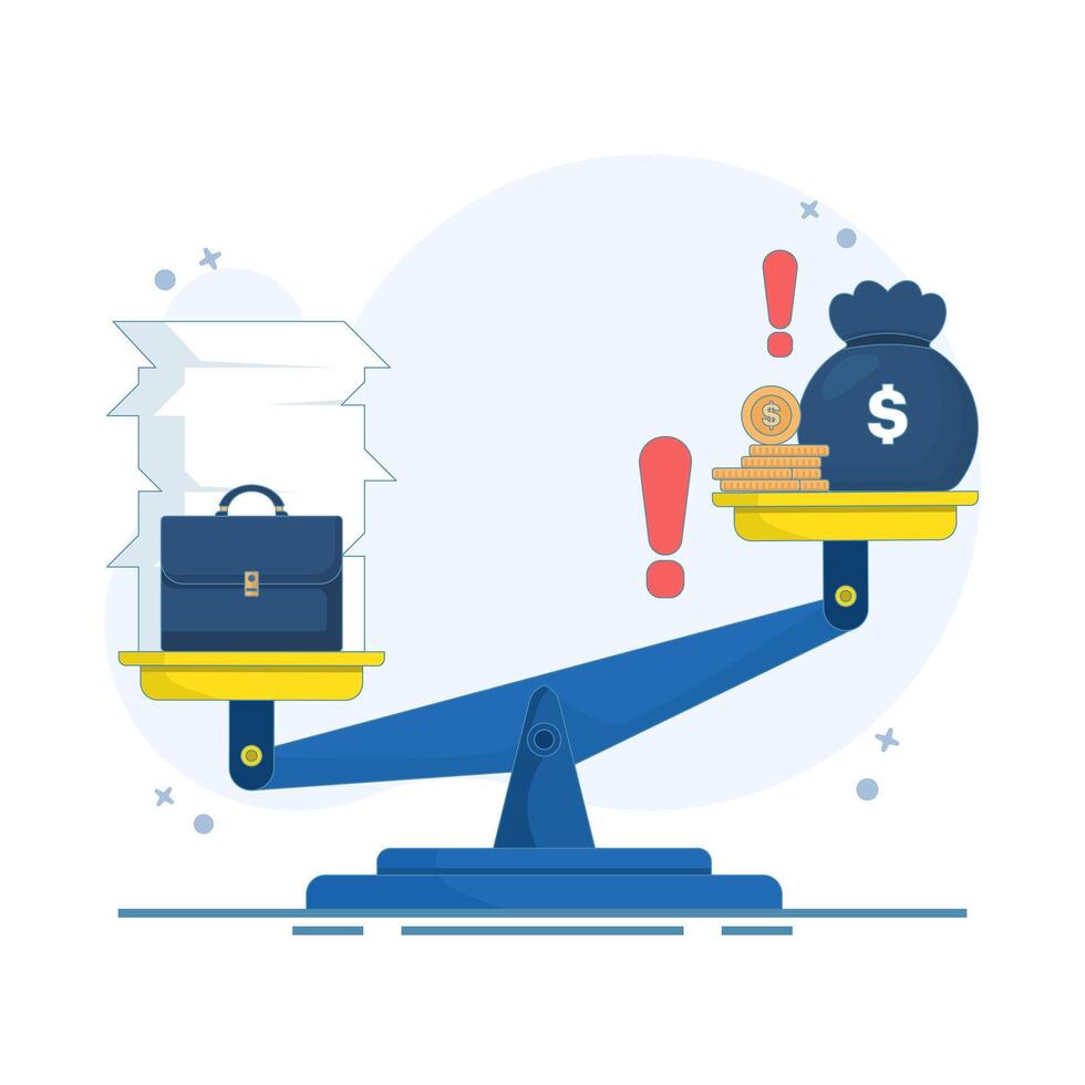 concept of workers or employees whose salaries are small but their work is a lot. workload or work tasks that are not balanced with salary. many work tasks but small salary. design illustration. vector