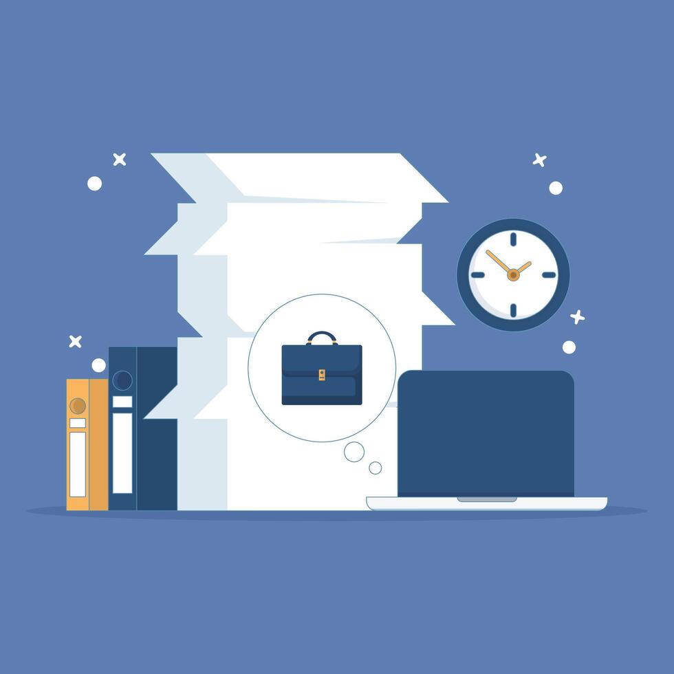 time and workload management concept. organizing and completing various work tasks and responsibilities. trying to manage document files. flat cartoon design illustration in the background. vector