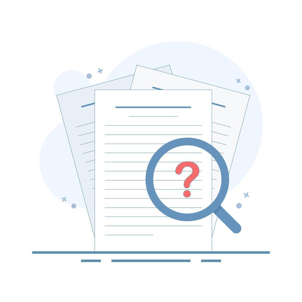Evidence Analysis Concept. Document with Magnifying Glass. Legal document examination. Office document. Document review. Document file evidence examination analysis. Flat Illustration Design. vector