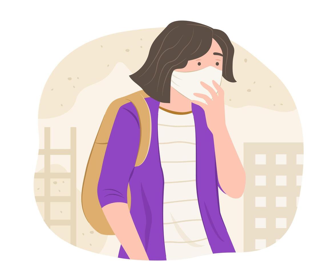 Teenage Girl wearing Face Mask for Prevent Particulate Dust and Air Pollution Concept Illustration vector