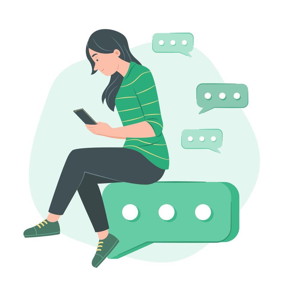 Woman Sitting on Big Chat Bubble Icon and Chat on Mobile Phone for Telecommunication Concept Illustration vector