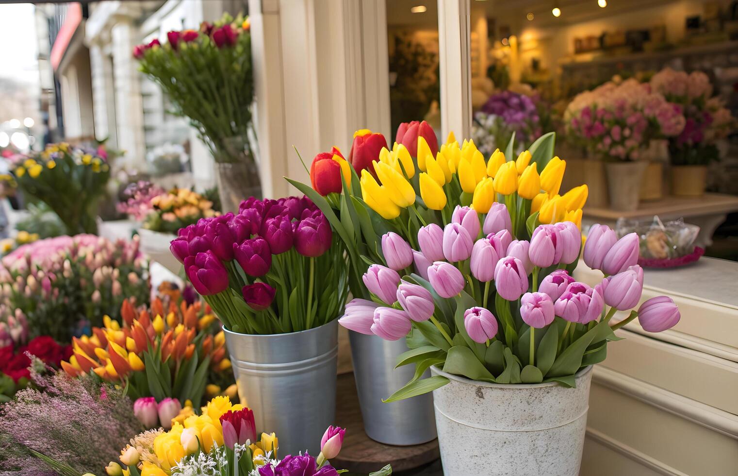 Seasonal discounts on spring flowers and bright bouquets of tulips that convey the freshness and joy of the new season photo