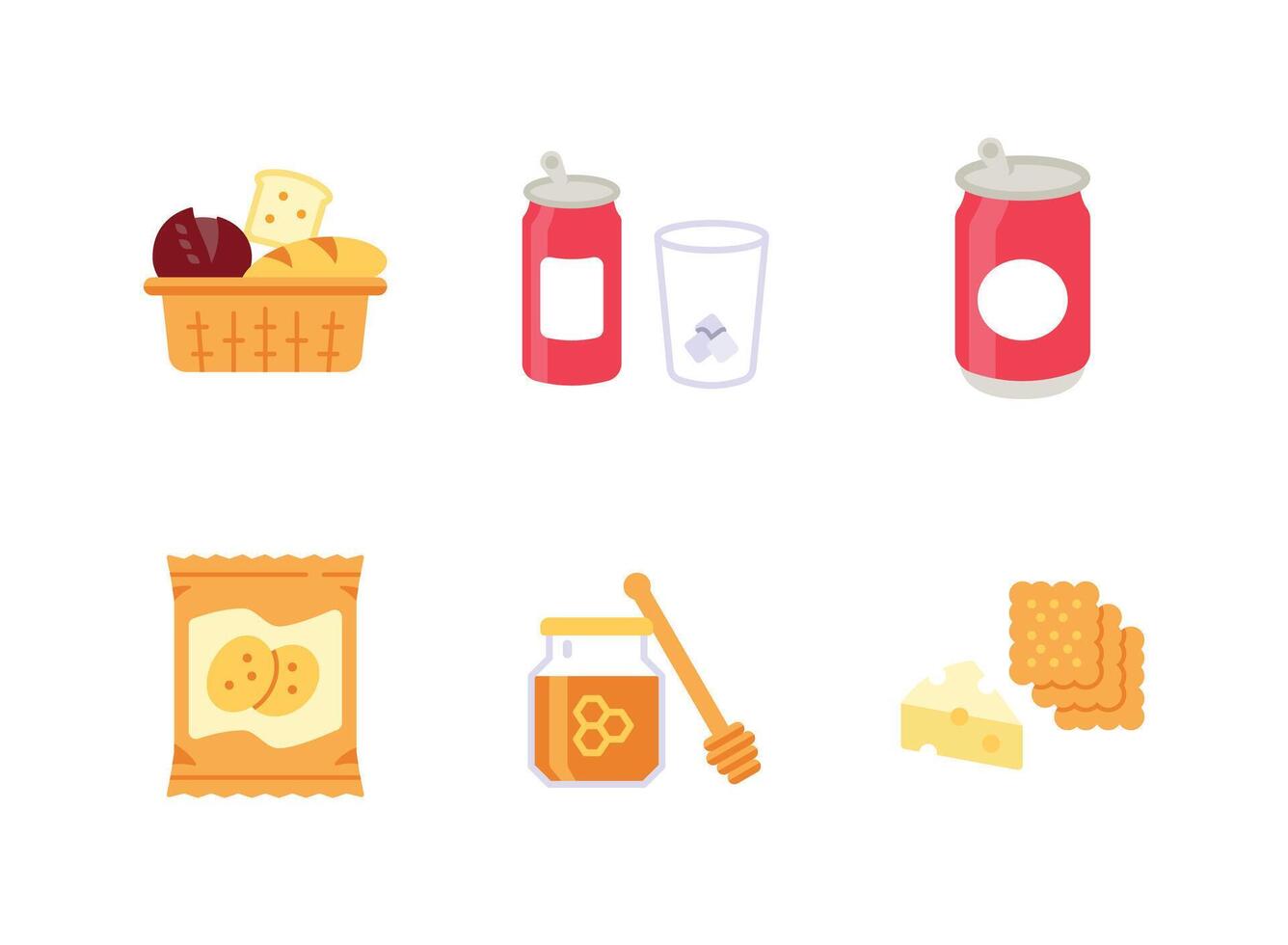 Colorful Bread Basket, Canned Drink, Chip Snack, Honey Jar, Cheese Flat Icons vector