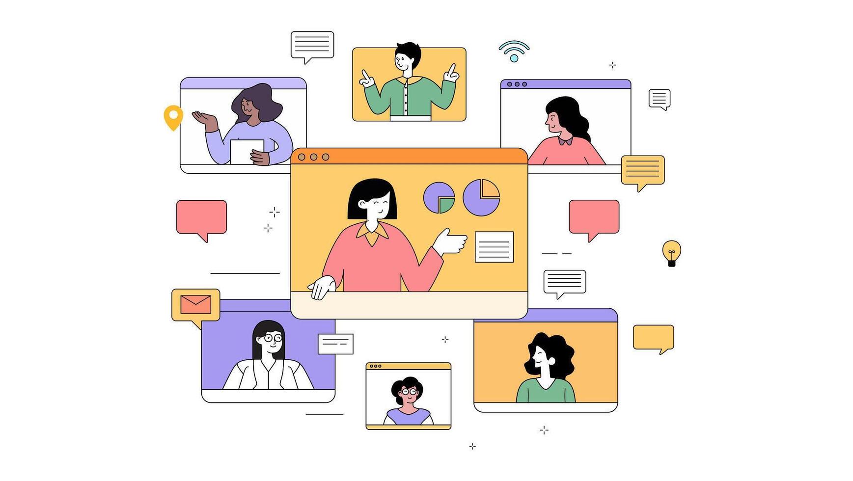 Virtual Collaboration and Remote Teamworking Concept Illustration vector