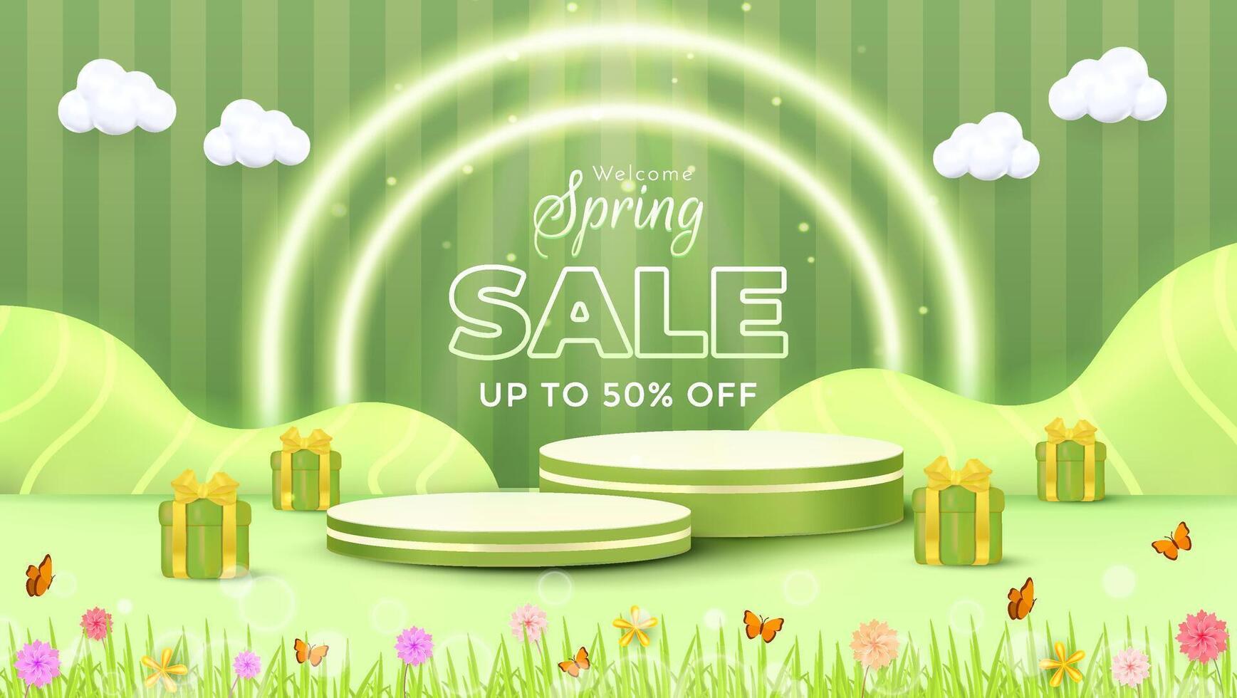 Spring Sale Advertisement Featuring Green Background and Gift Design with Nature Elements vector