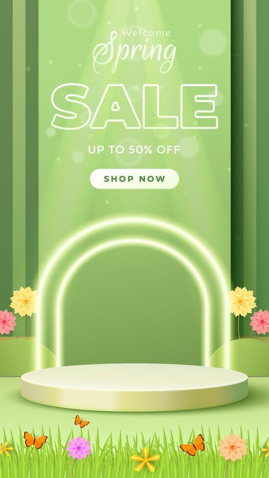 Vertical Spring Sale Promotion Advertisement with Green Backdrop and Nature Elements vector