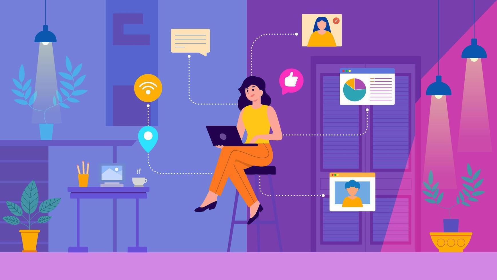 Woman Working Remotely in a Modern Virtual Environment with Interactive Connections vector