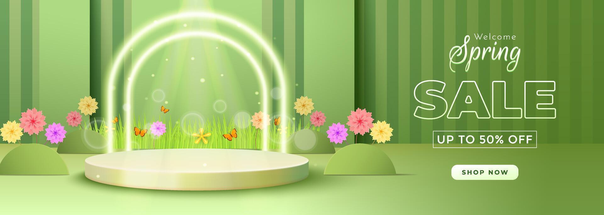 Welcome Spring Sale Banner with Floral Decoration and Green Background vector