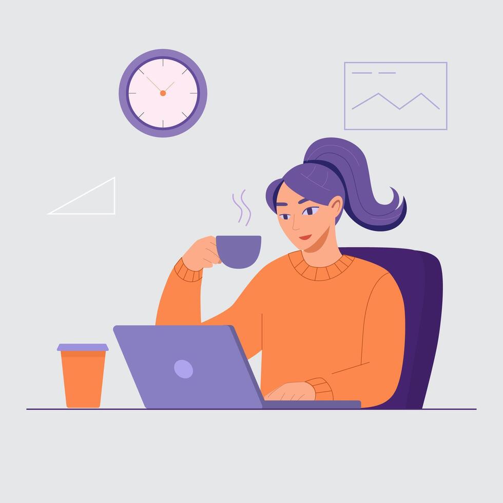 Young Woman Working and Enjoying Coffee in Modern Office Setting vector