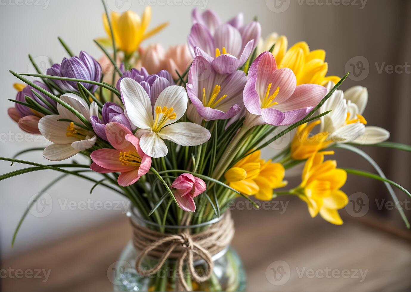 A delicate bouquet of the first spring flowers of tulips, snowdrops, crocuses, daffodils and others photo