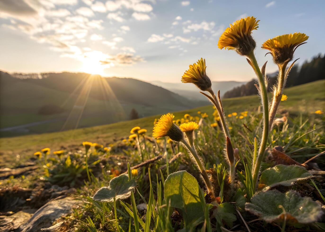 The sun's rays illuminate the first coltsfoot flowers, which boldly break through the cold earth. photo