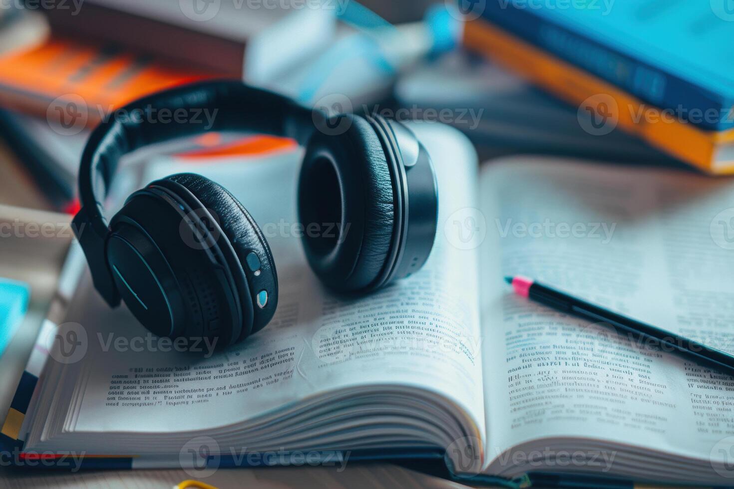 Study Essentials. Noise-Canceling Headphones, Textbook, and Highlighter for Focused Learning photo