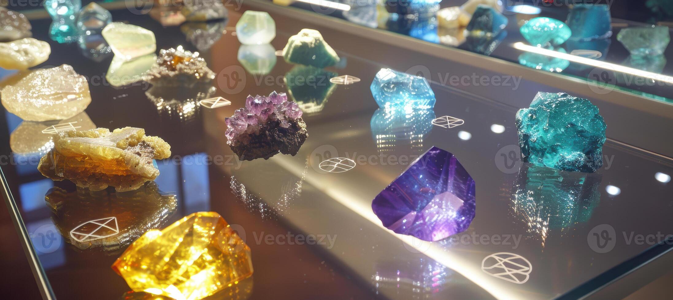 Pristine Display of Rare Earth Minerals with Atomic Symbols on Glass Surface in Soft Lighting photo