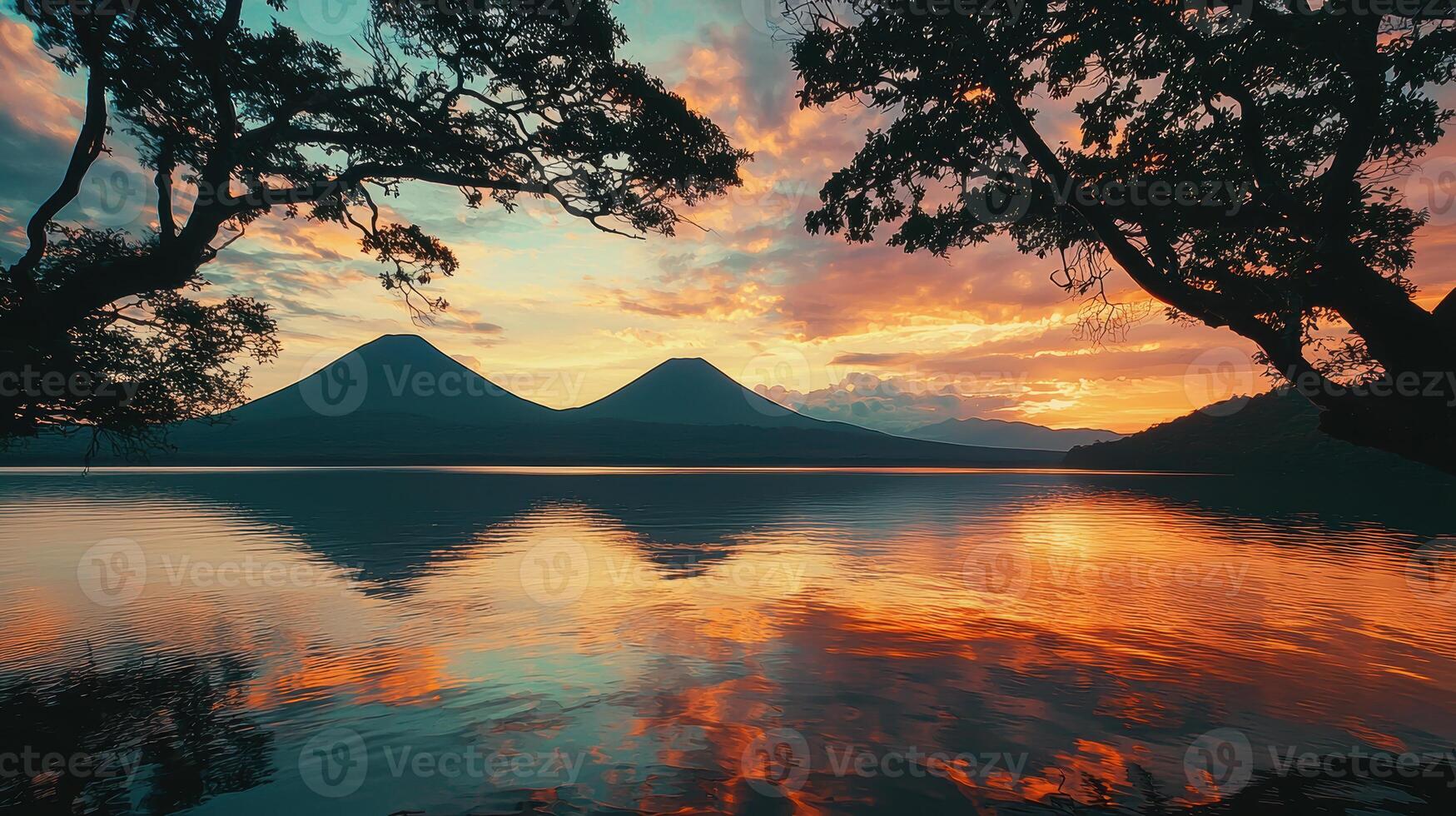 Serene Sunset Over Volcanic Peaks Reflecting on Tranquil Lake Water, Nature Landscape for Posters photo