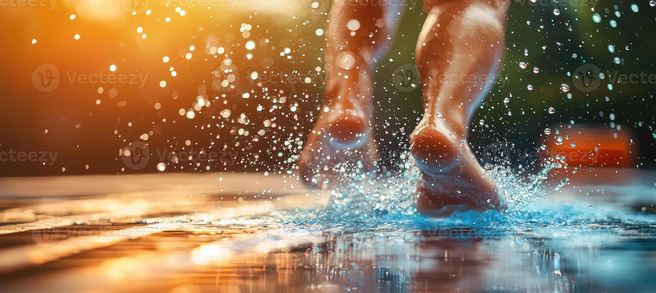 Dynamic Swimmer Diving with Sparkling Water Droplets in Sunlit Pool Scene photo