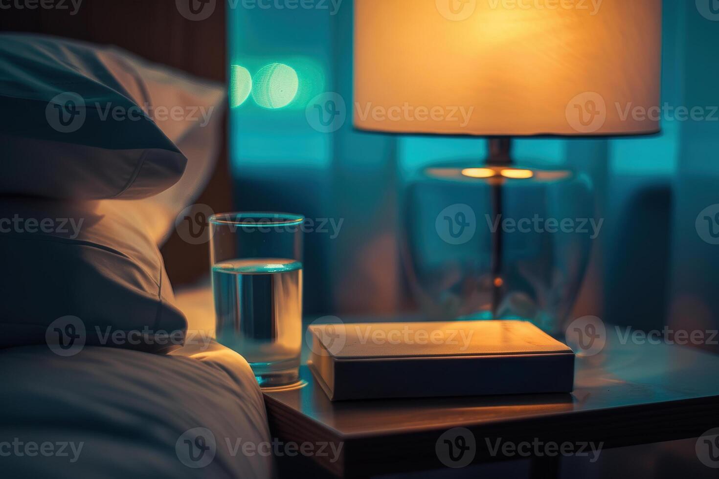 Bedside Comforts with Glowing Lamp, Book, and Water - Ideal for Relaxation and Hotel Decor Themes photo