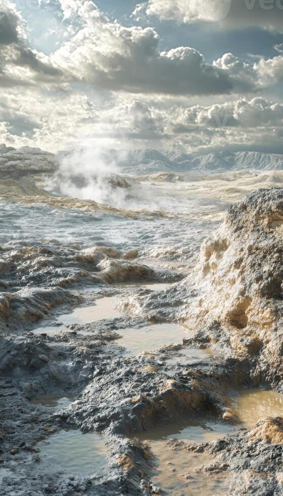 Panoramic Geothermal Landscape with Bubbling Mud Pools and Steam in Rocky Terrain photo