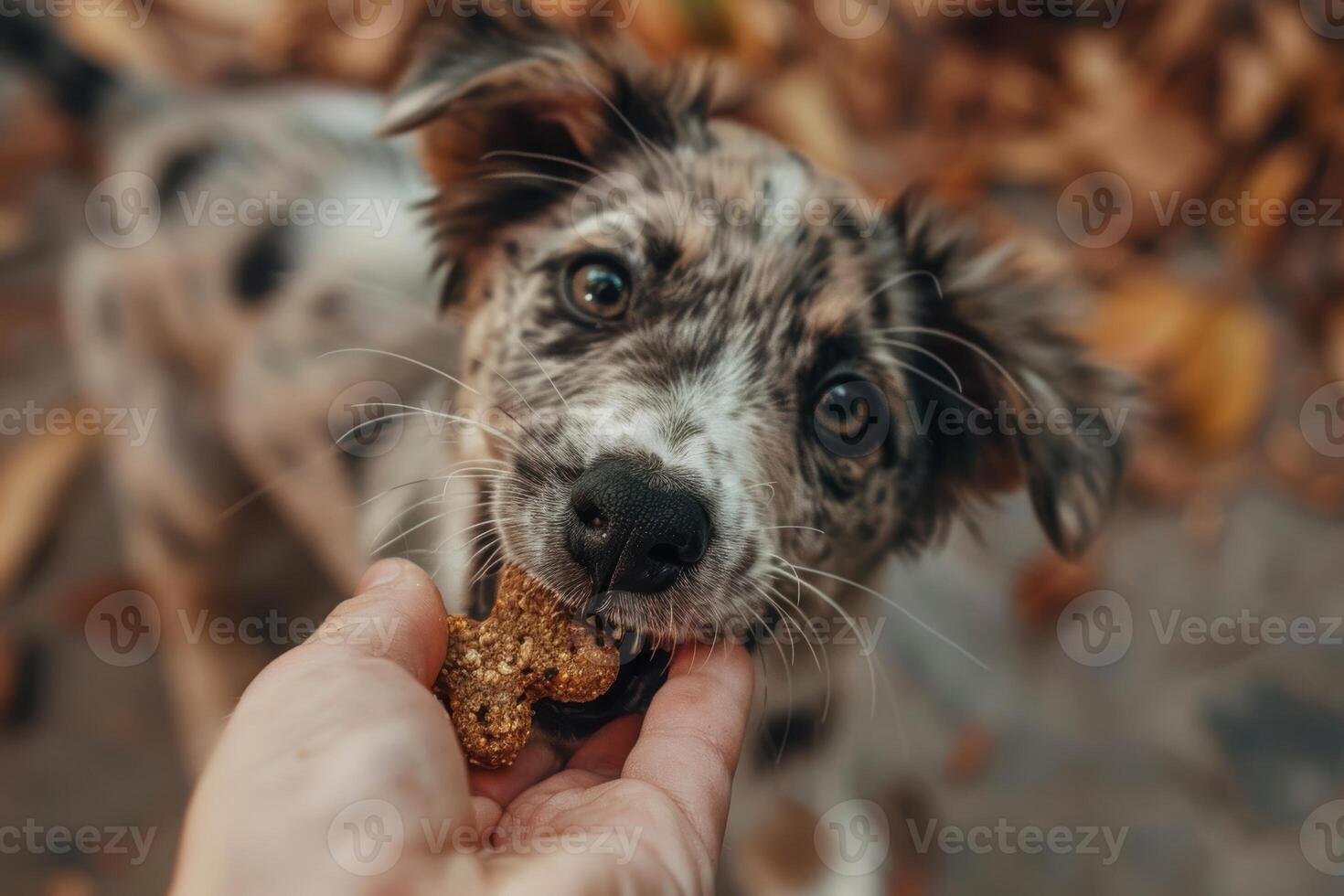 Adorable Puppy Reaching for Natural Chew Toy Perfect for Pet Care and Playtime Themes photo