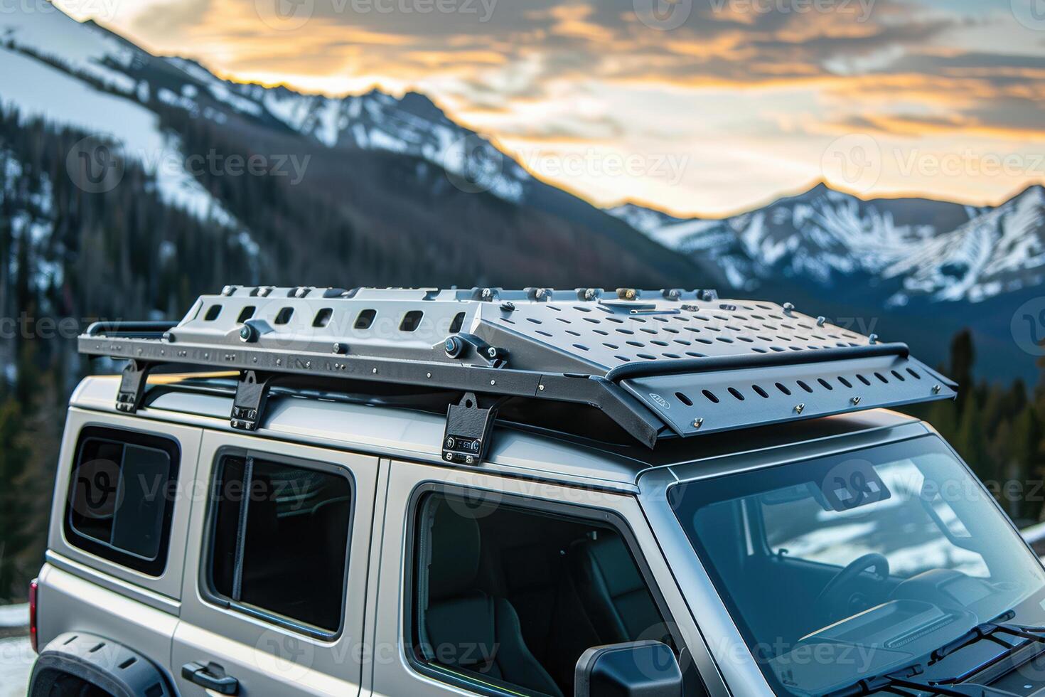 Aluminum Cargo Carrier on Rugged Off-Road Vehicle in Forest Setting for Camping and Adventure photo