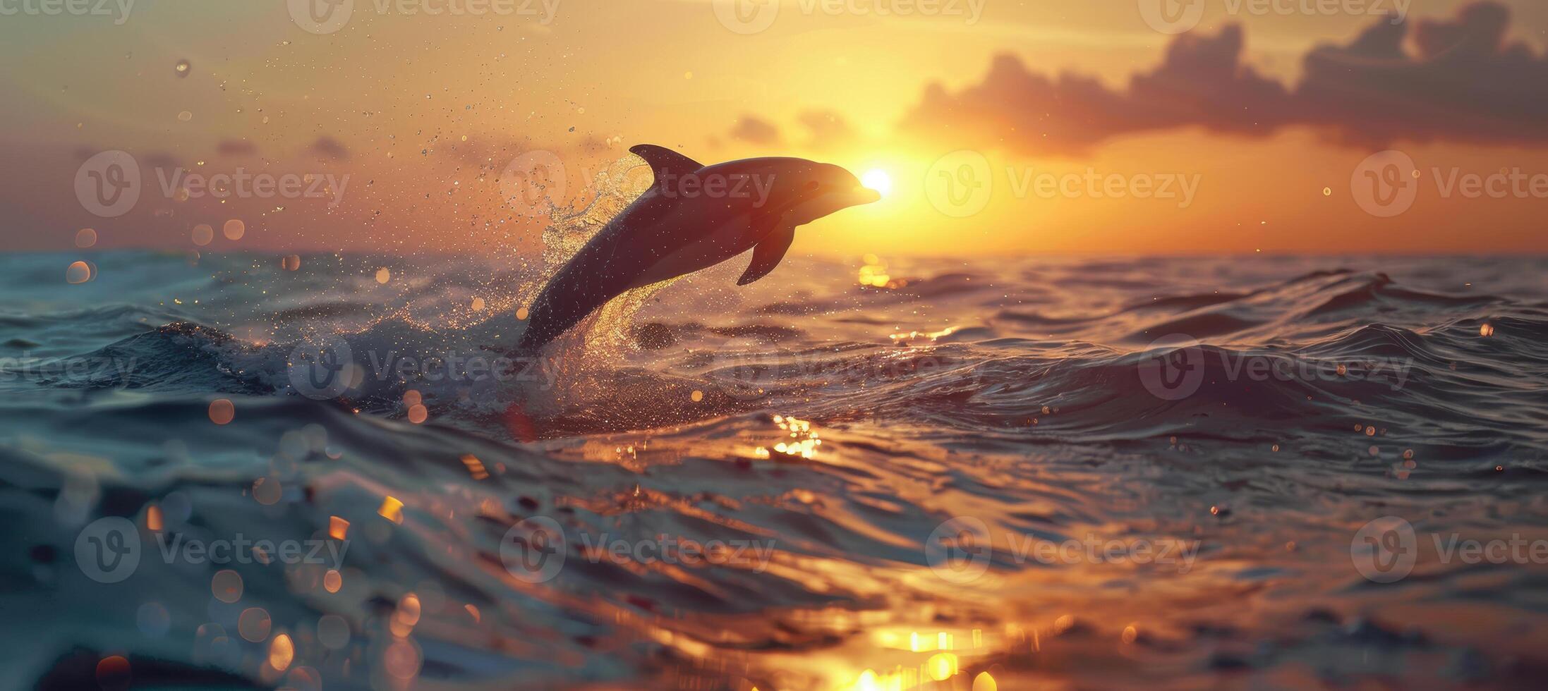 Dolphin Leaping at Sunset. Perfect for Sustainable Business Advertising and Ocean Conservation Awareness photo