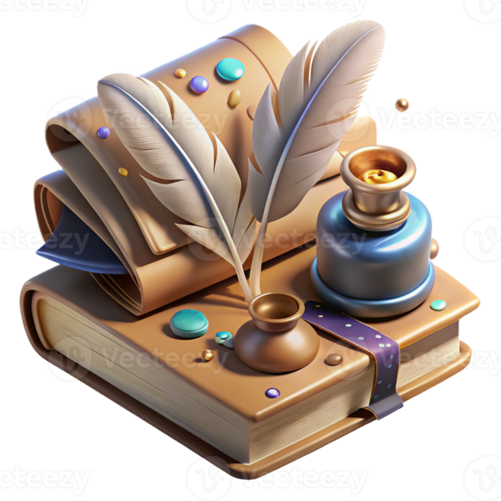 vibrant vintage Old Book with Quill and Inkwell Transparent for Historical Writing detailed png