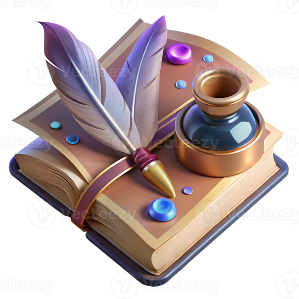 dramatic contemporary Old Book with Quill and Inkwell Transparent for Historical Writing premium png