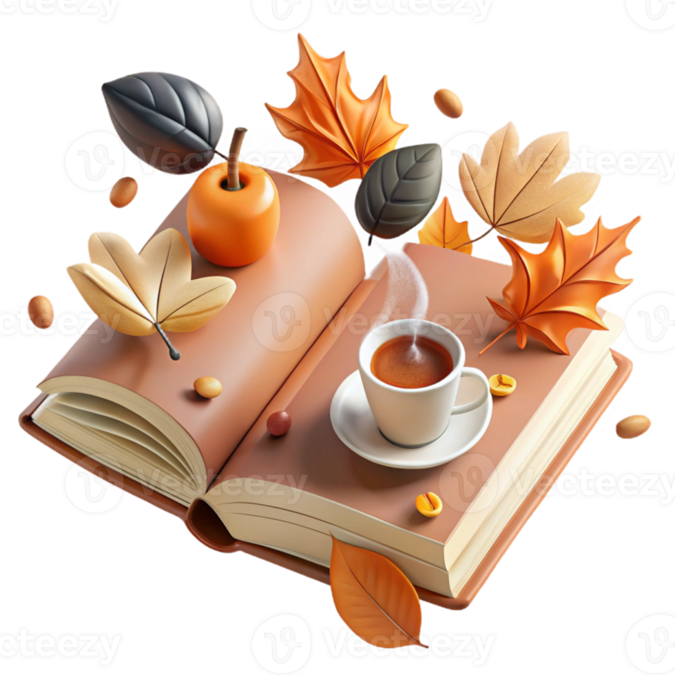 dramatic creative Open Book with Autumn Leaves Isolated for Seasonal Designs original png