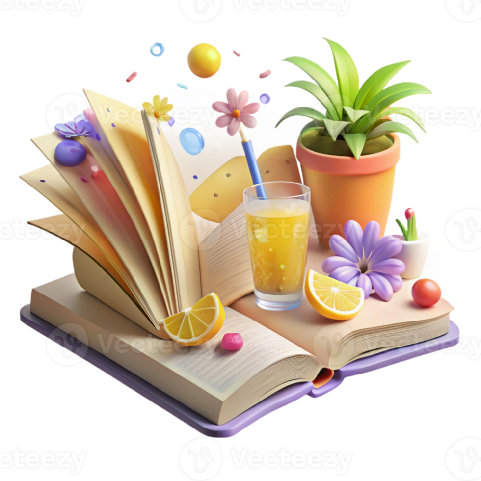 vibrant abstract Open Book with Summer Flowers and Lemonade Isolated for Summer Reading exclusive png
