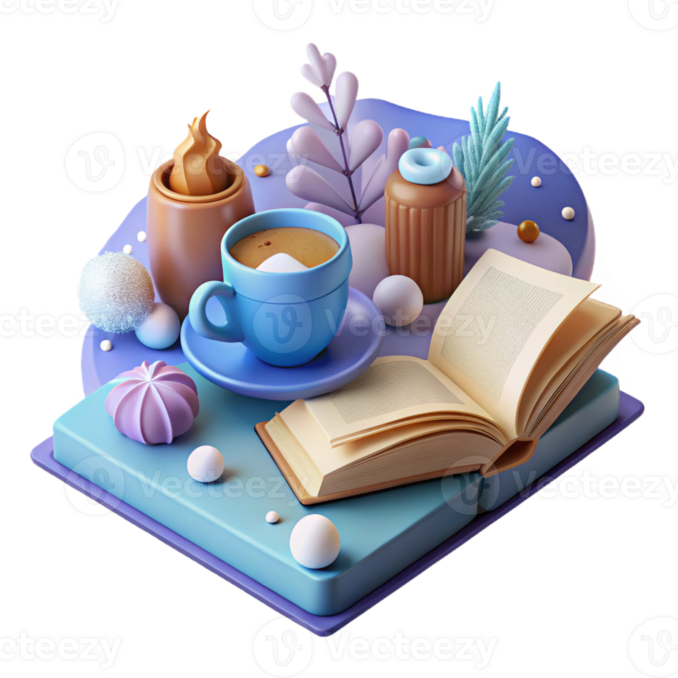 impressive vintage Open Book with Winter Decorations and Hot Chocolate Isolated for Holiday Reading png