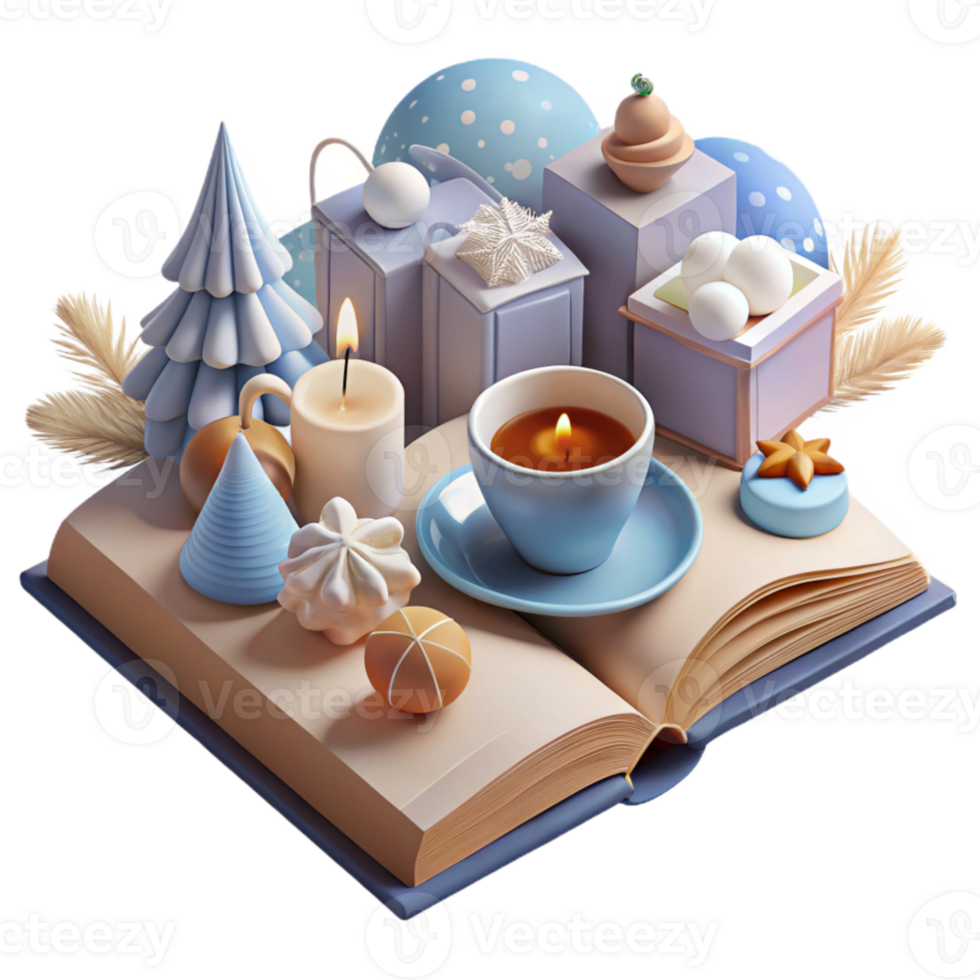 extraordinary vintage Open Book with Winter Decorations and Hot Chocolate Isolated for Holiday Reading exclusive png