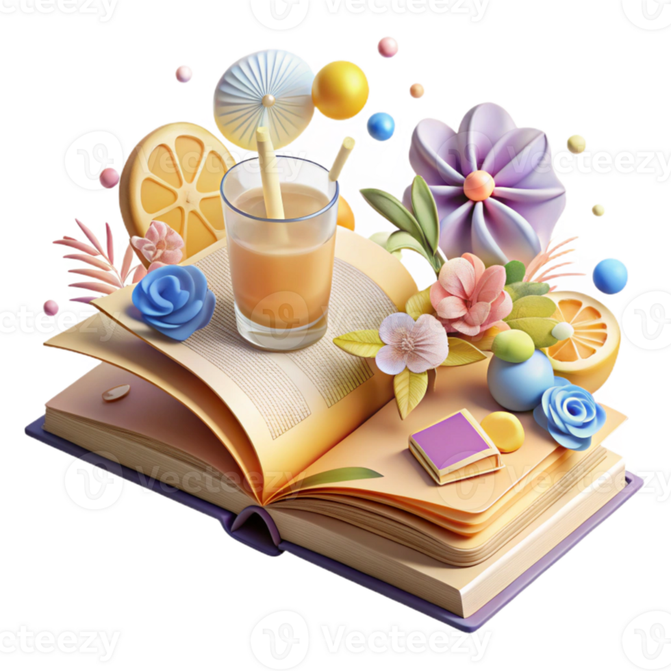 beautiful vintage Open Book with Summer Flowers and Lemonade Isolated for Summer Reading exclusive png