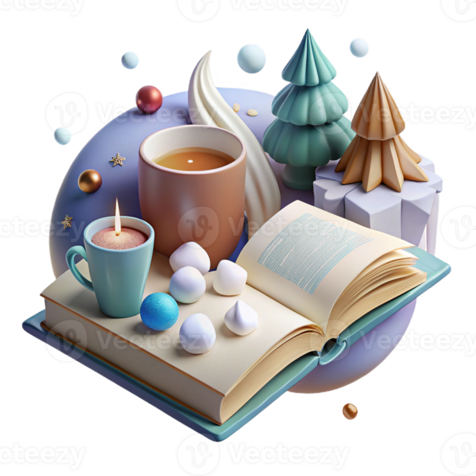 wonderful modern Open Book with Winter Decorations and Hot Chocolate Isolated for Holiday Reading original png