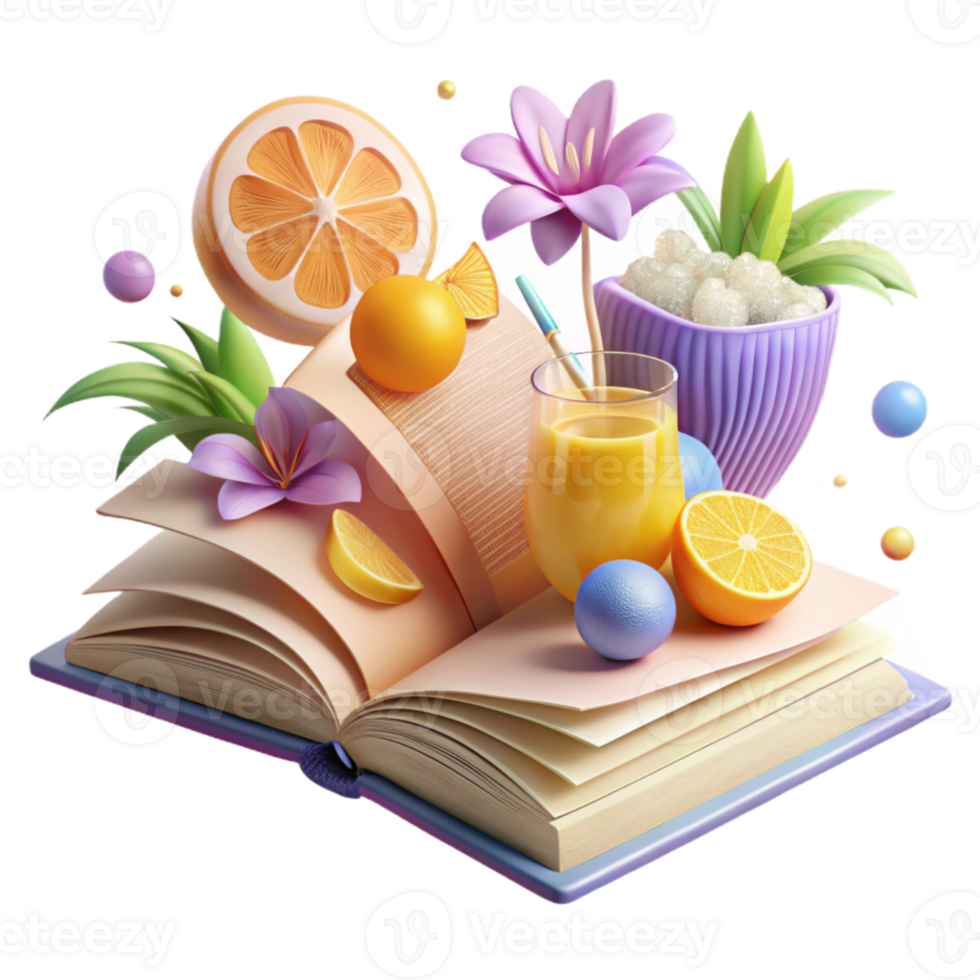 impressive artistic Open Book with Summer Flowers and Lemonade Isolated for Summer Reading professional png