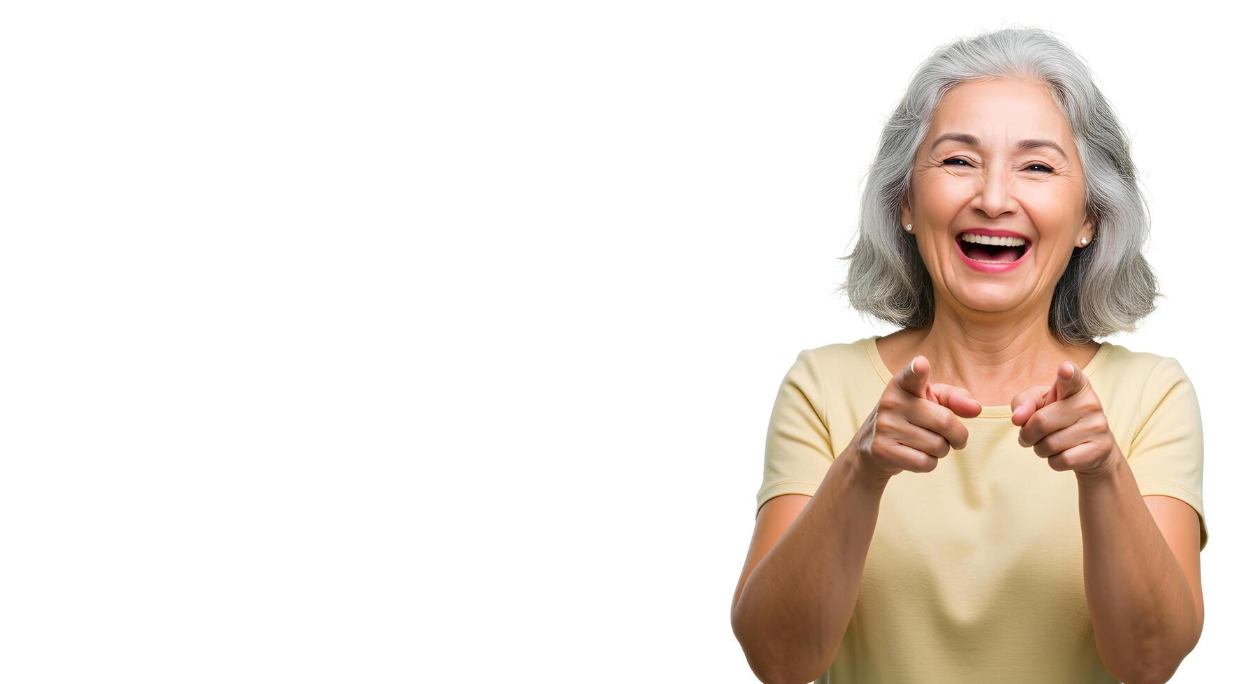 A cheerful elderly woman with a vibrant smile, expressing positivity and warmth, perfect for senior lifestyle promotions photo