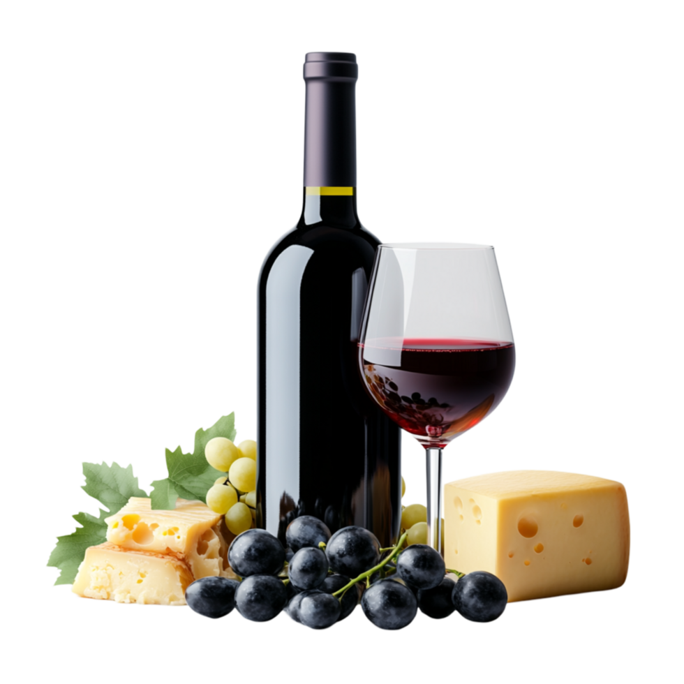 Wine Bottle with Glass, Cheese, and Grapes png