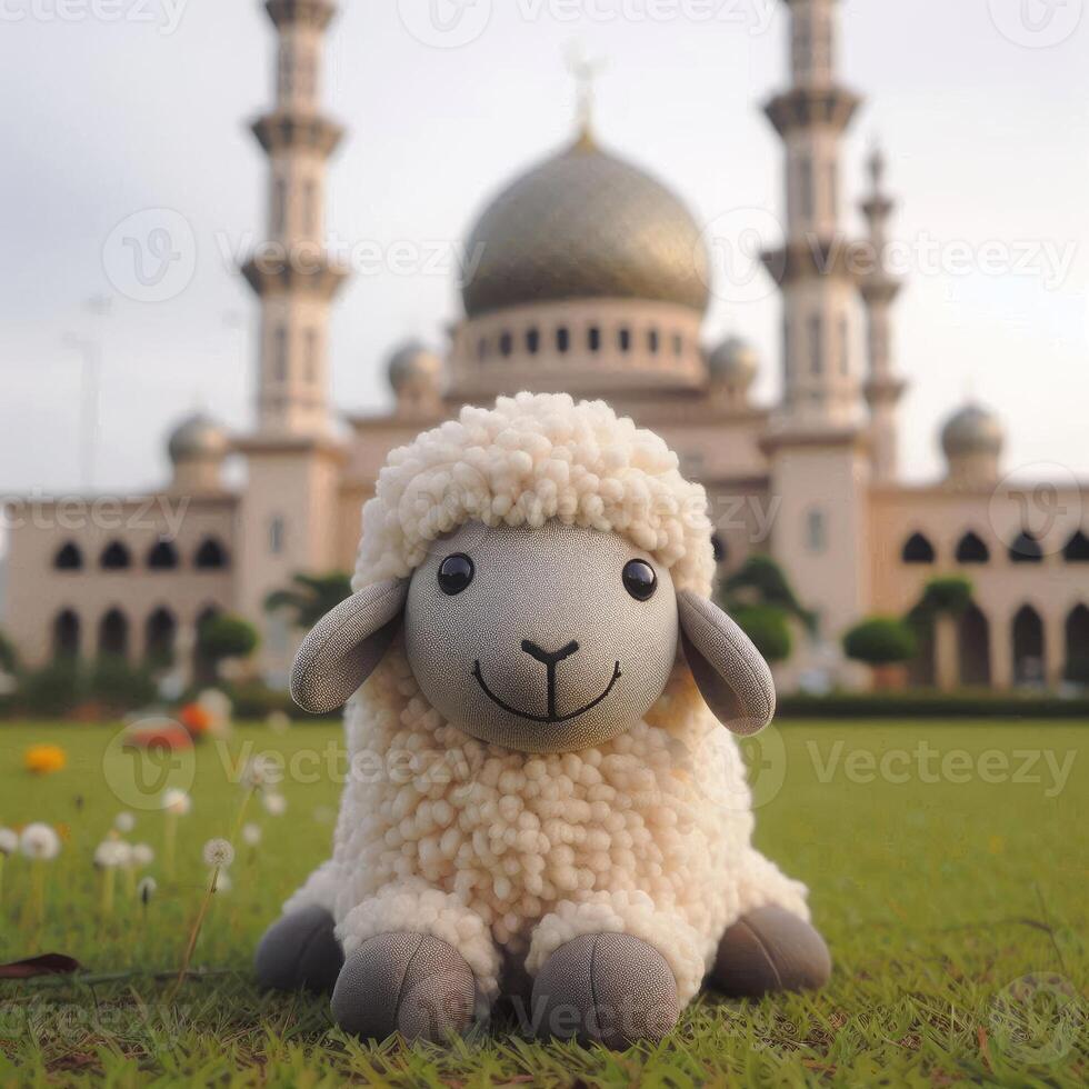 A smiling sheep with fluffy wool on the grass in front of a mosque Eid Al-Adha concept photo