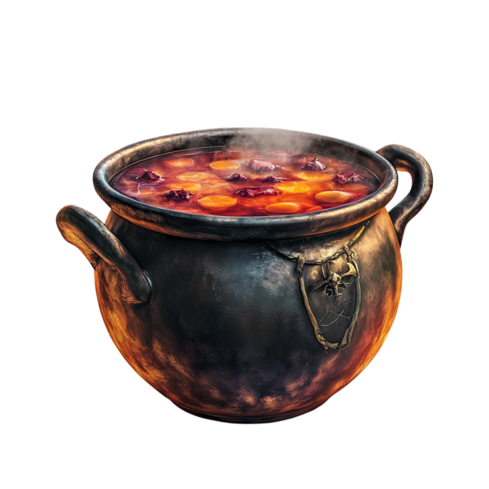Rustic Iron Cauldron with Boiling Stew png