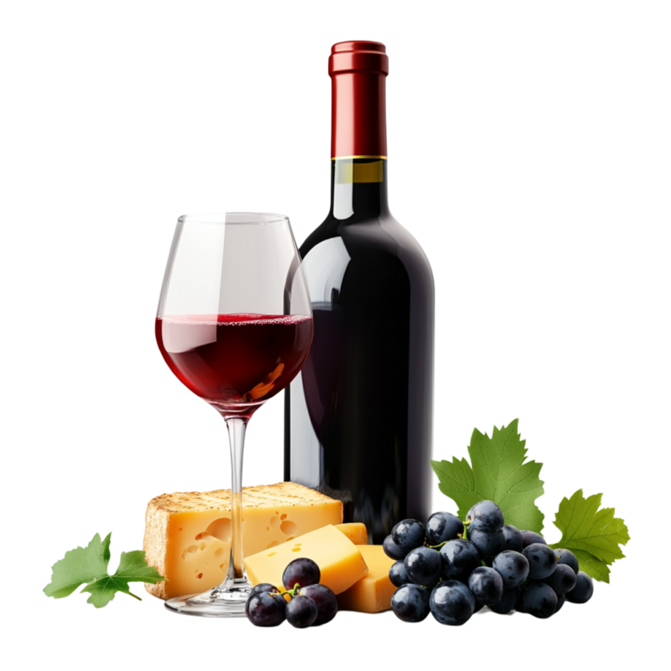 Red Wine Bottle with Glass, Cheese, and Grapes png