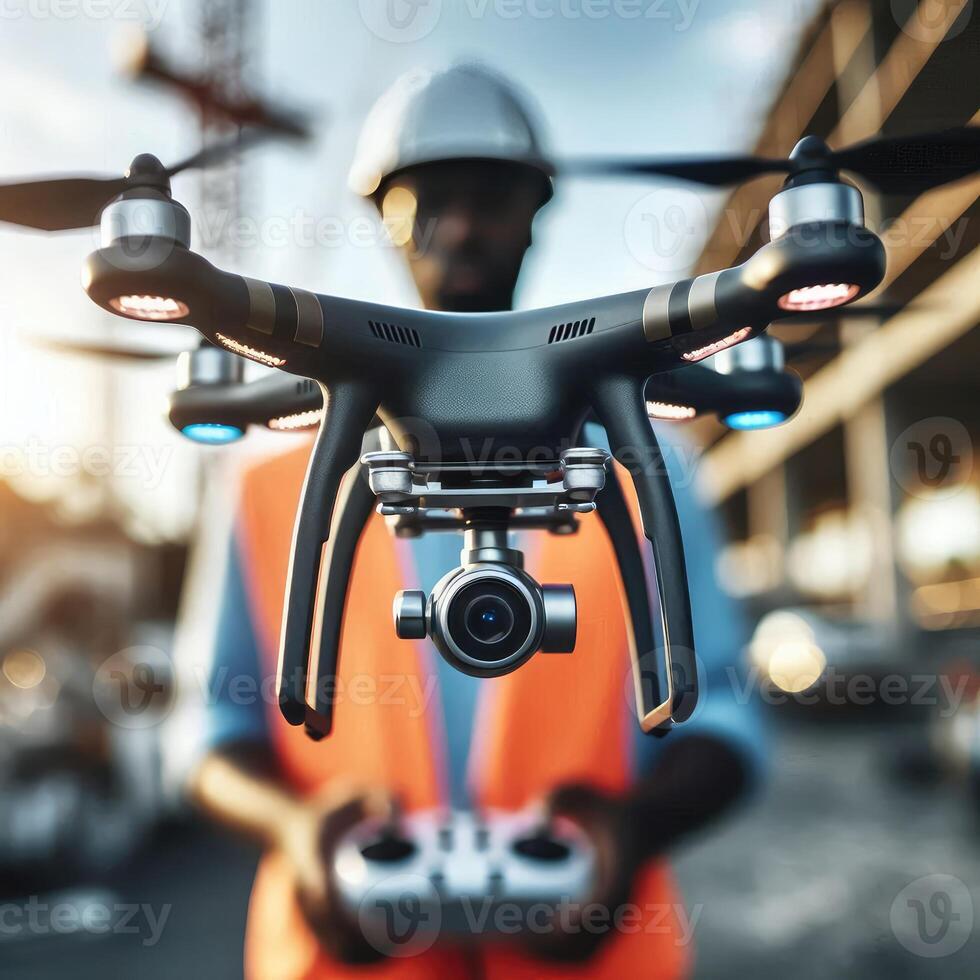 a man in a hardhat holding a drone photo