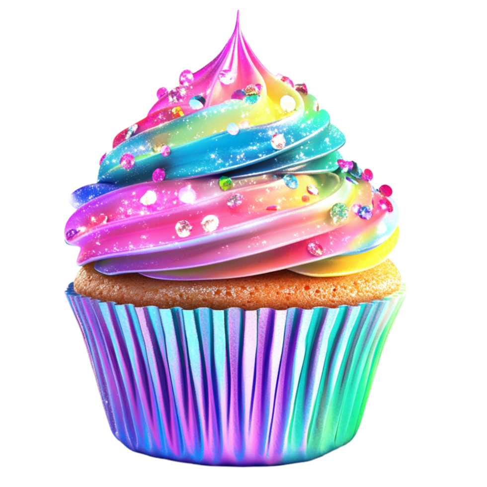Vibrant Rainbow Swirl Cupcake with Colorful Frosting png