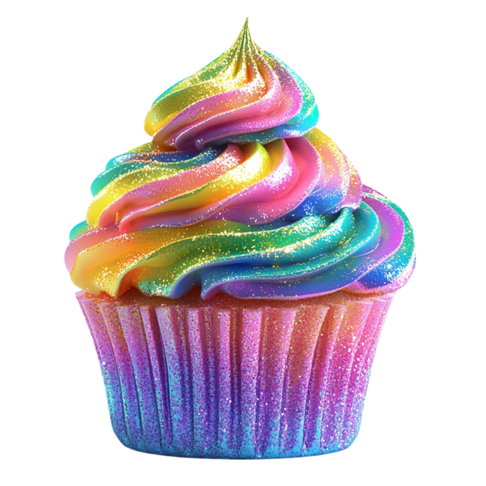 Rainbow Frosted Cupcake with Swirl Icing and Colorful Sprinkles png