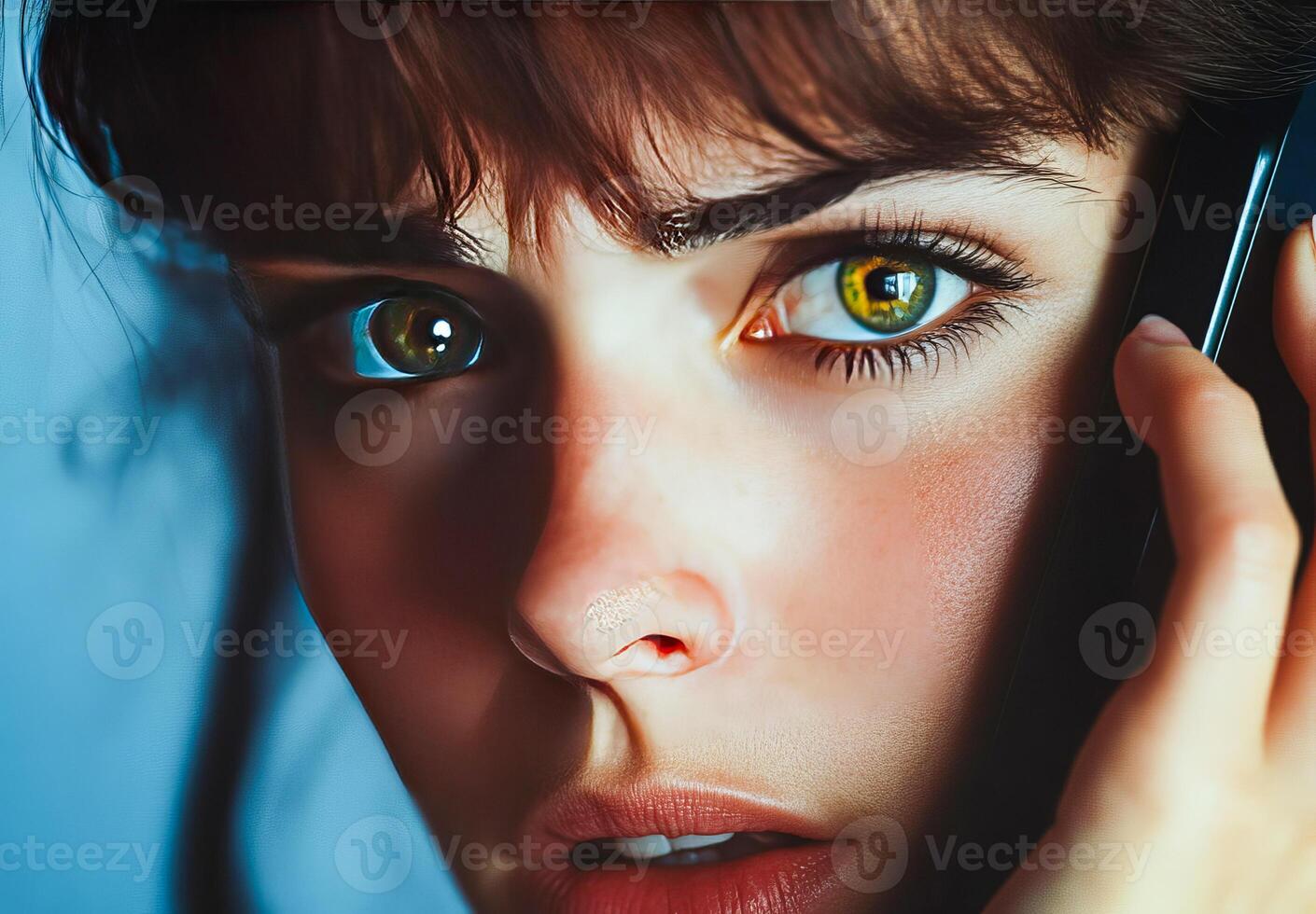 A young woman is anxious during a phone call. She is being called by scammers or given bad news. photo