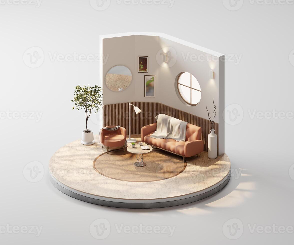 Isometric view round living room muji style open inside interior architecture 3d rendering photo