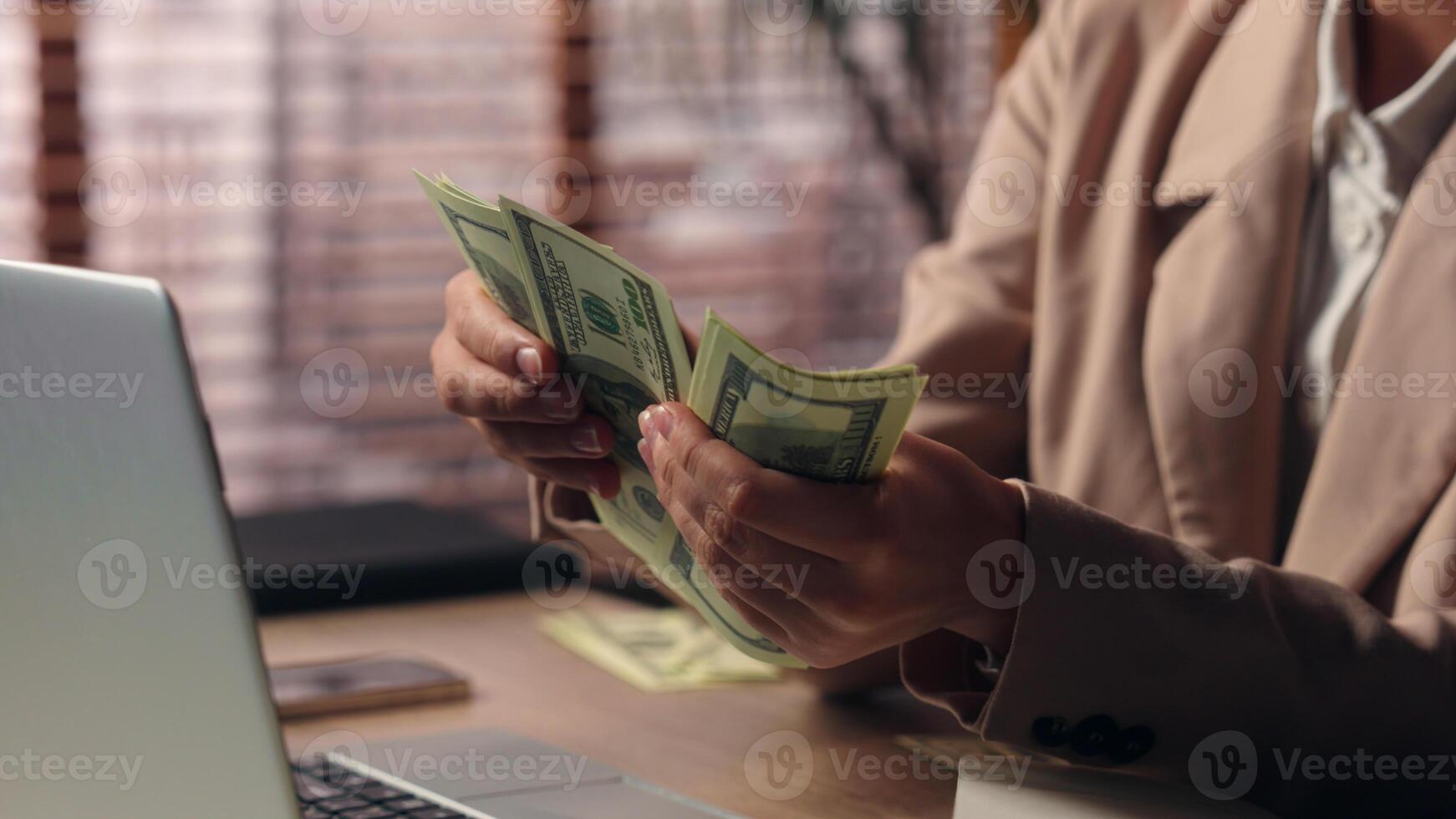 Close up happy glad rich wealthy Caucasian business woman female businesswoman boss laptop employer entrepreneur girl holding hands fan stack money cash salary wage income profit dollars indoor office photo
