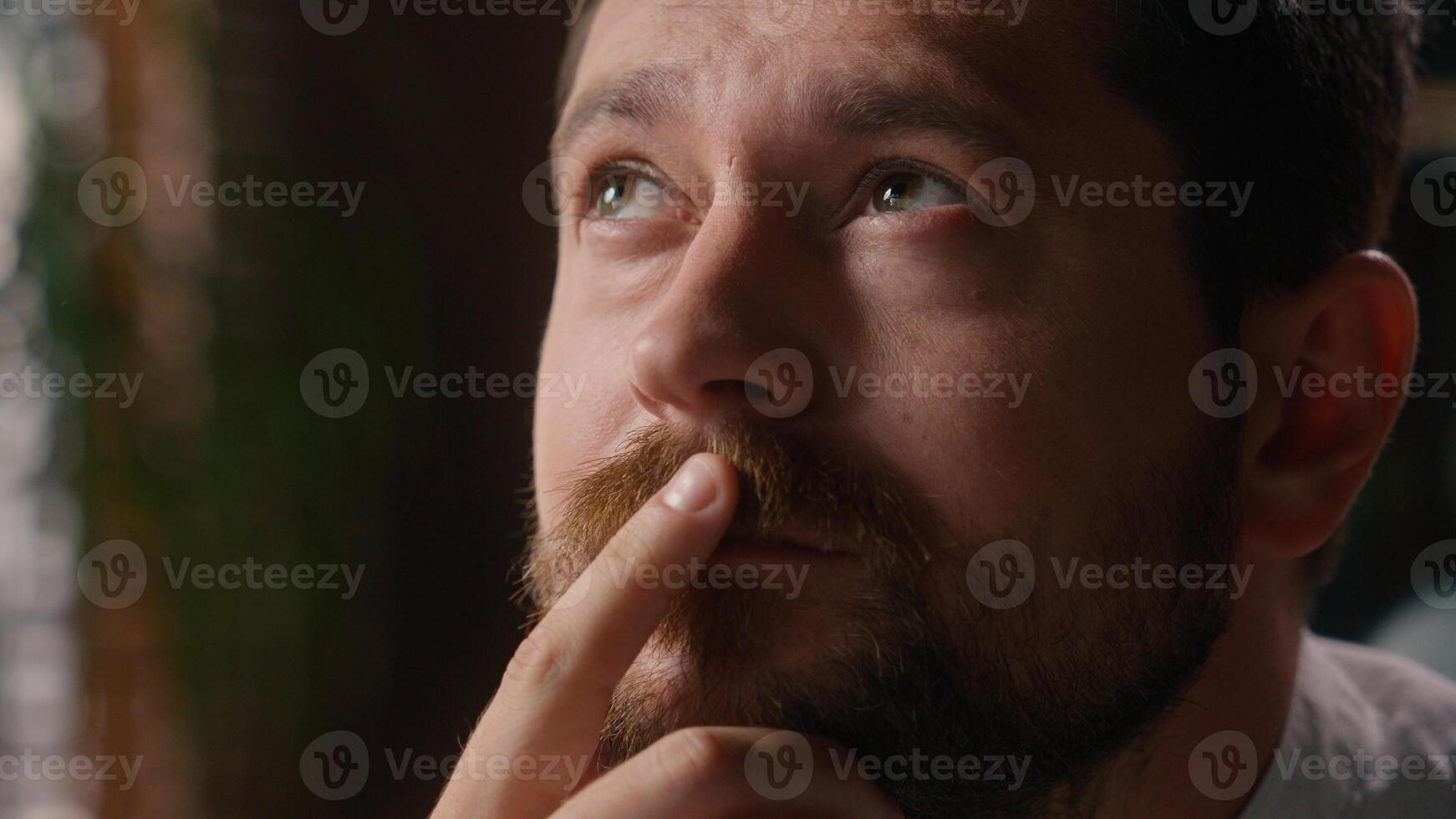 Thoughtful Caucasian male close up entrepreneur business boss thinking pensive manager worker lost in thought in office agent pondering adult businessman guy searching solution man employee brainstorm photo
