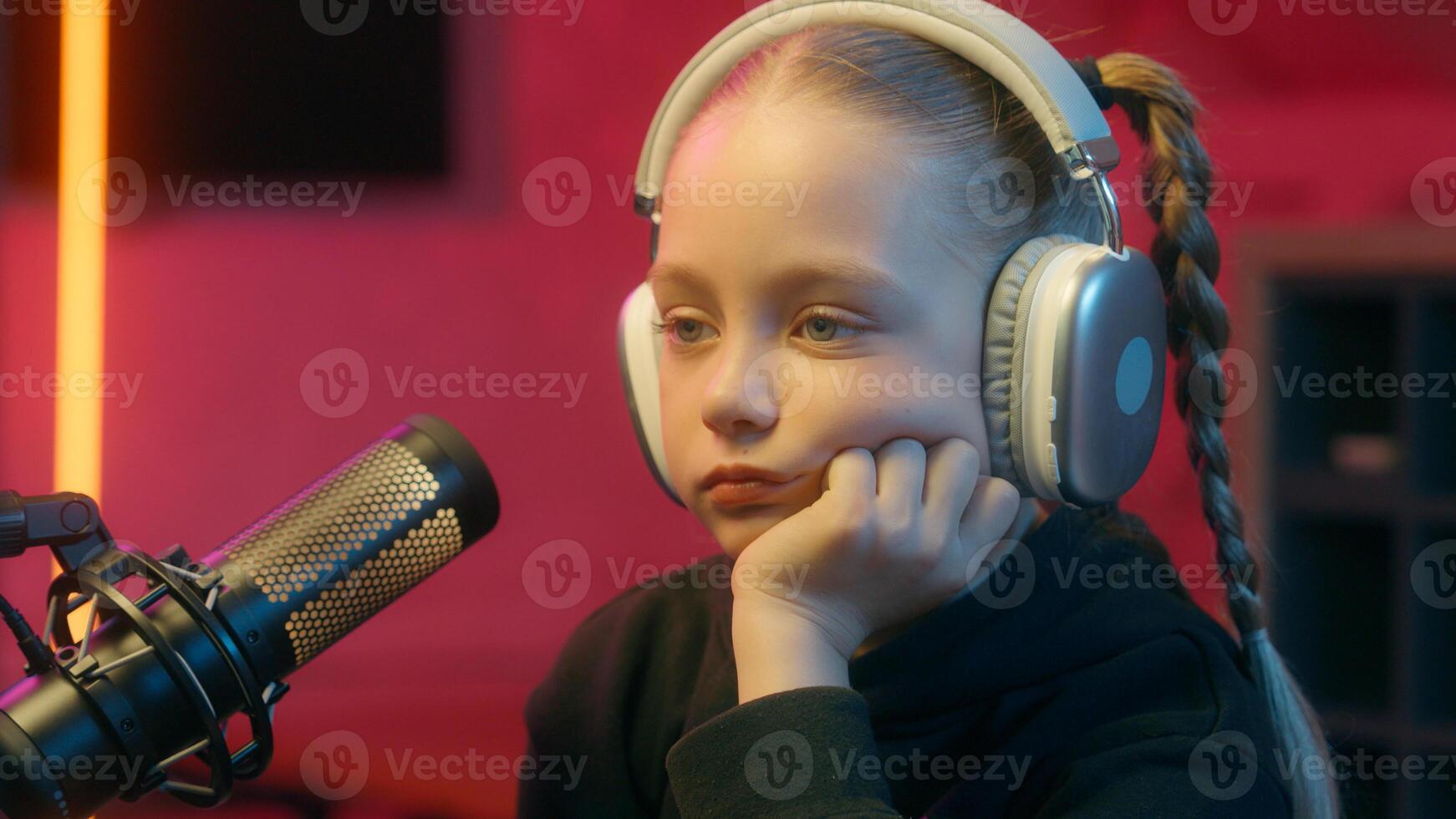 Little Caucasian girl child kid daughter gamer game addicted playing online internet gaming computer at home evening night neon light tired sad upset failure need sleep overtime play exhausted photo
