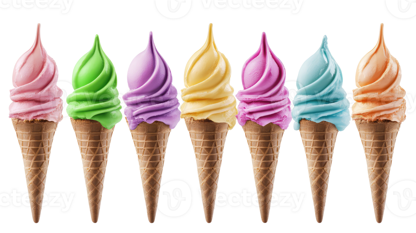 set of colorful ice cream waffle cones isolated on transparent background png